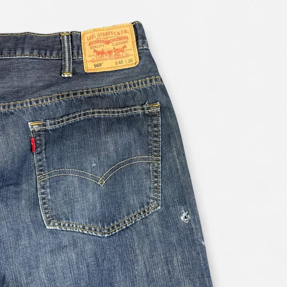 Levi's 569 Loose Straight Dark Wash Jeans Distressed Size 40x30 Stretch
